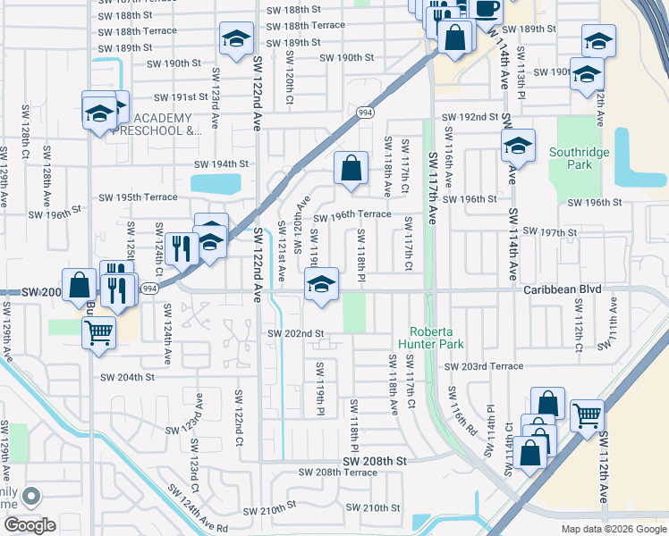map of restaurants, bars, coffee shops, grocery stores, and more near 19800 Southwest 119th Avenue in Miami