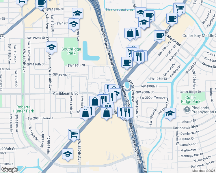 map of restaurants, bars, coffee shops, grocery stores, and more near 11060 Southwest 196th Street in Miami