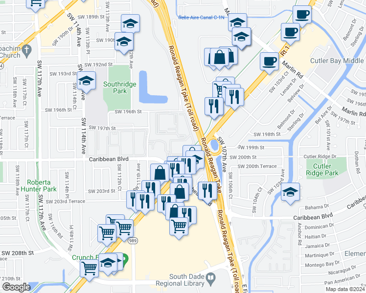 map of restaurants, bars, coffee shops, grocery stores, and more near 10820 Southwest 200th Drive in Cutler Bay