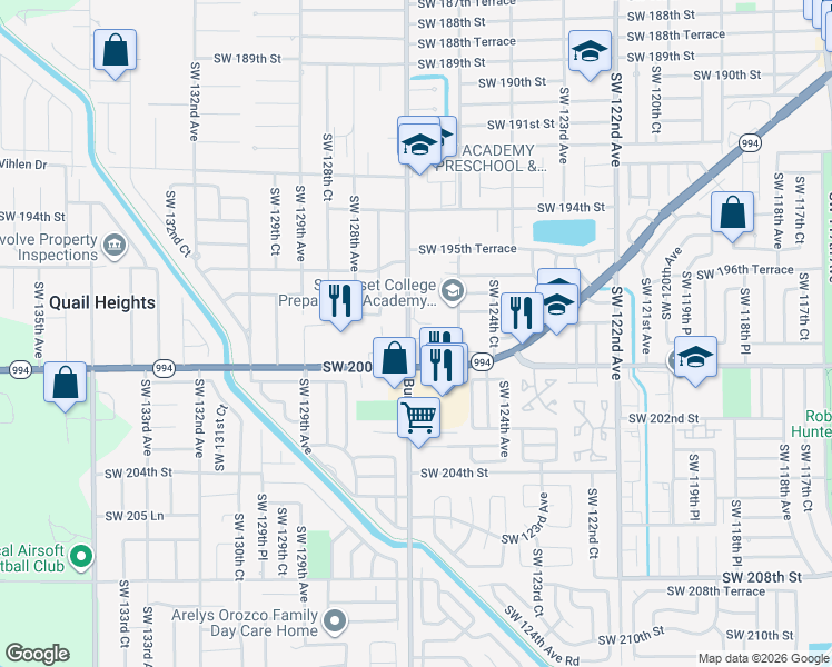 map of restaurants, bars, coffee shops, grocery stores, and more near 19875 Southwest 127th Avenue in Miami