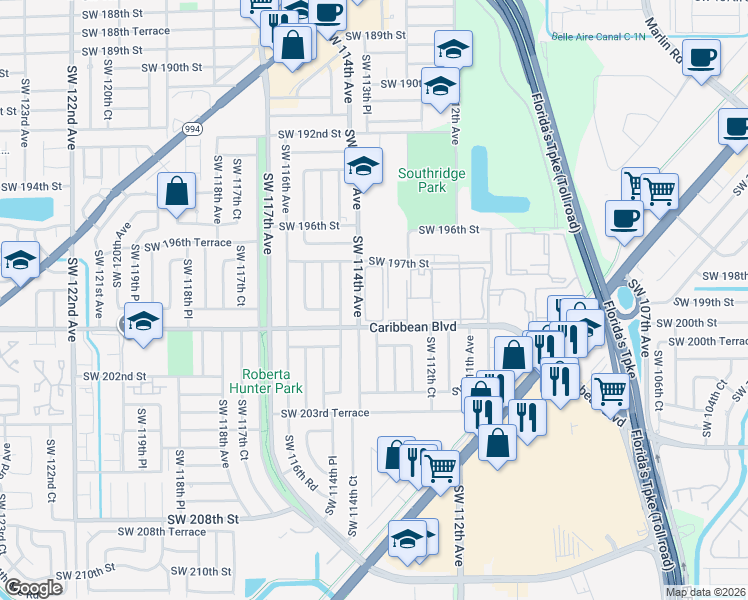 map of restaurants, bars, coffee shops, grocery stores, and more near 19751 Southwest 114th Avenue in Miami
