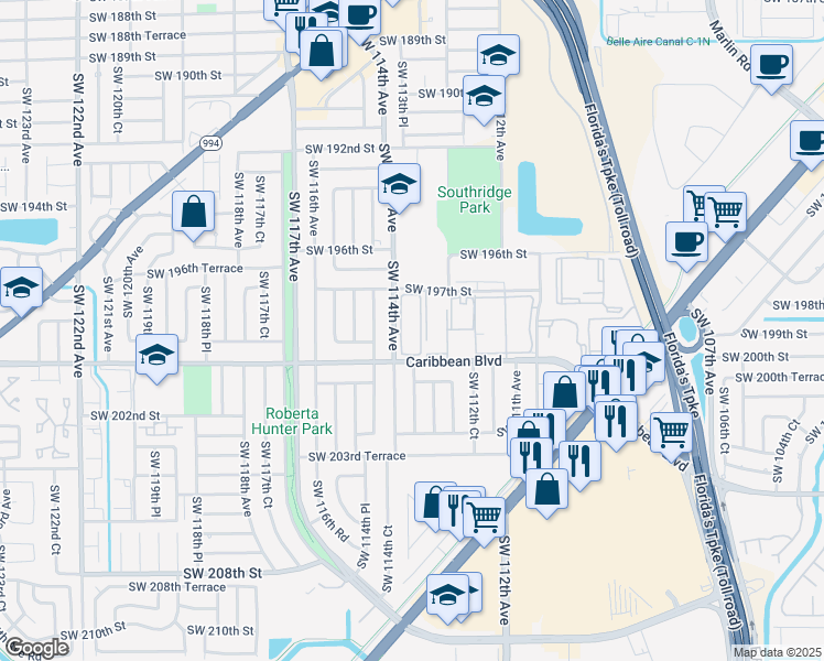 map of restaurants, bars, coffee shops, grocery stores, and more near 19751 Southwest 114th Avenue in Miami
