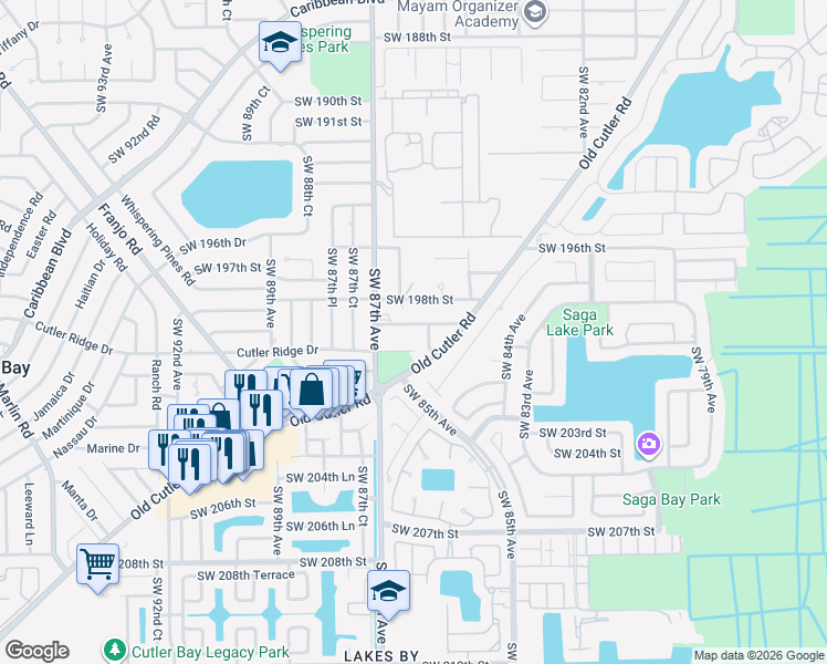 map of restaurants, bars, coffee shops, grocery stores, and more near 8601 Southwest 199th Street in Cutler Bay