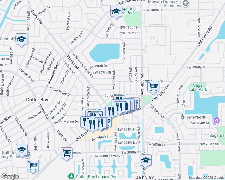 map of restaurants, bars, coffee shops, grocery stores, and more near 19835 Southwest 89th Avenue in Cutler Bay