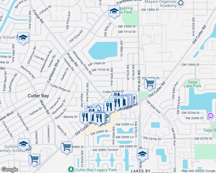 map of restaurants, bars, coffee shops, grocery stores, and more near 8940 Southwest 198th Terrace in Cutler Bay