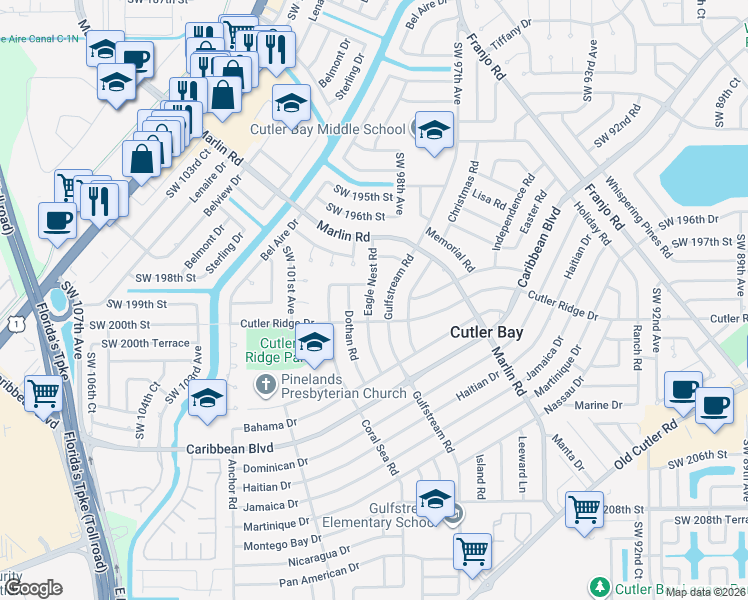 map of restaurants, bars, coffee shops, grocery stores, and more near 19800 Eagle Nest Road in Cutler Bay