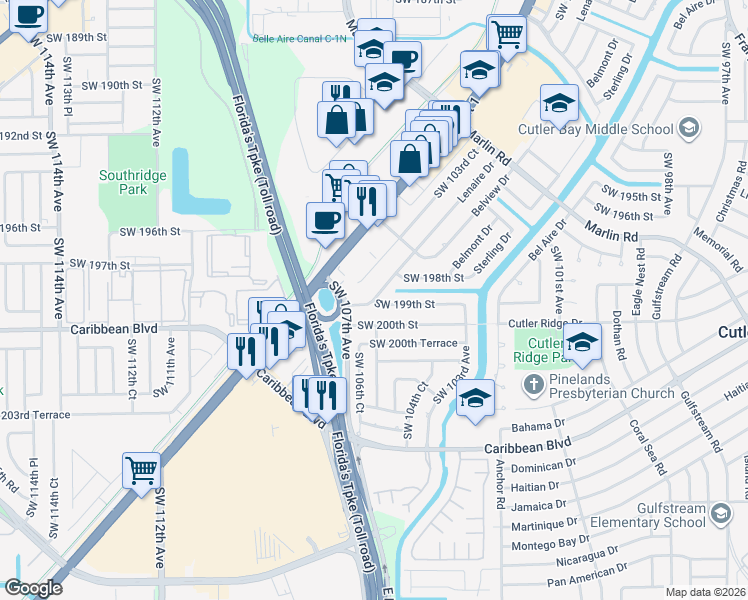 map of restaurants, bars, coffee shops, grocery stores, and more near 19821 Lenaire Drive in Cutler Bay