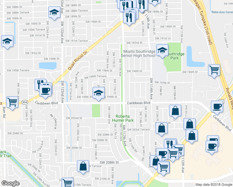 map of restaurants, bars, coffee shops, grocery stores, and more near 19812 Southwest 117th Court in Miami