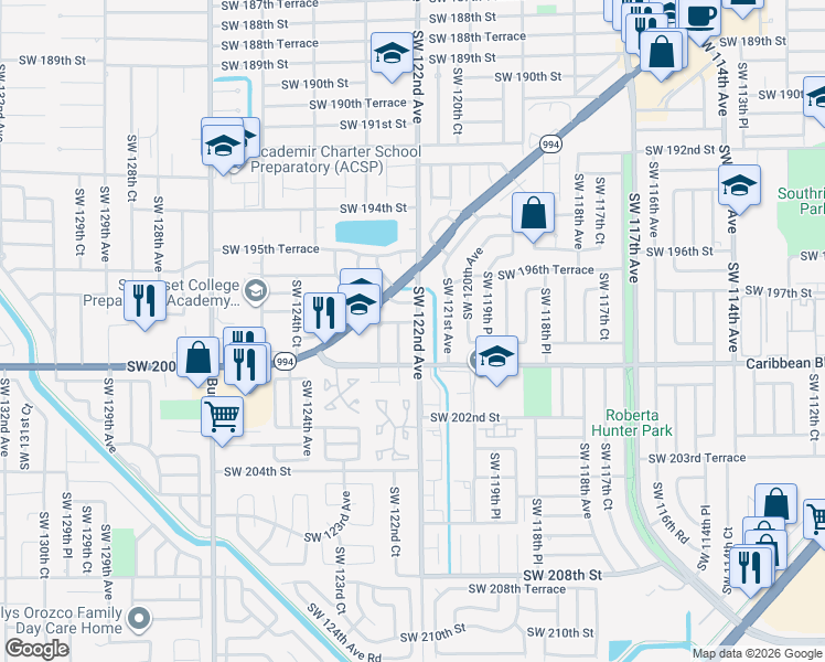 map of restaurants, bars, coffee shops, grocery stores, and more near 12235 Southwest 198th Terrace in Miami