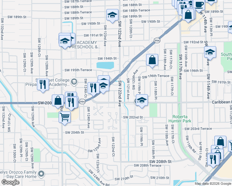 map of restaurants, bars, coffee shops, grocery stores, and more near 12235 Southwest 198th Terrace in Miami