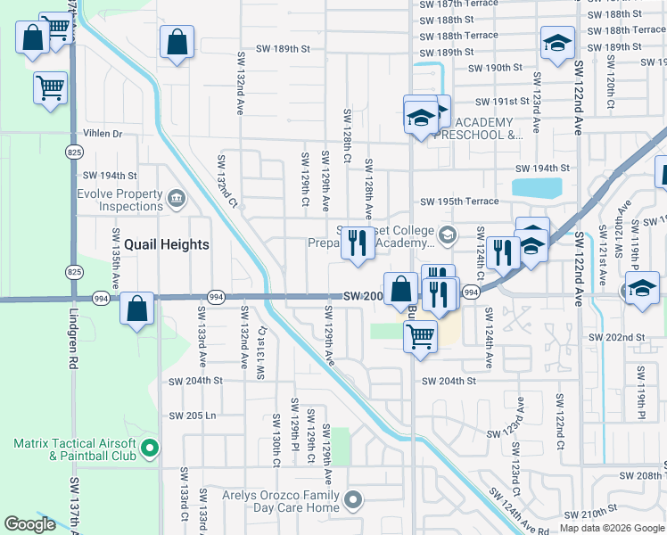 map of restaurants, bars, coffee shops, grocery stores, and more near 19802 Southwest 129th Avenue in Miami