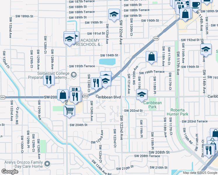 map of restaurants, bars, coffee shops, grocery stores, and more near 12300 Quail Roost Drive in Miami
