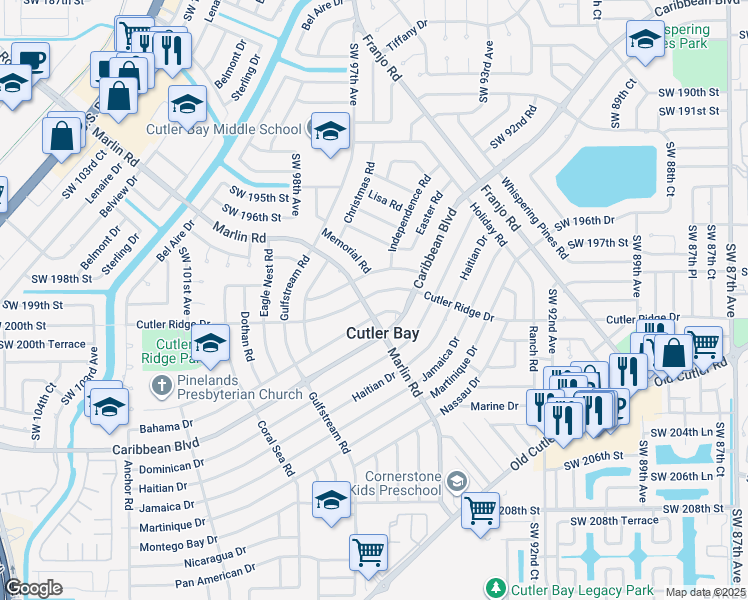 map of restaurants, bars, coffee shops, grocery stores, and more near 9625 Cutler Ridge Drive in Cutler Bay