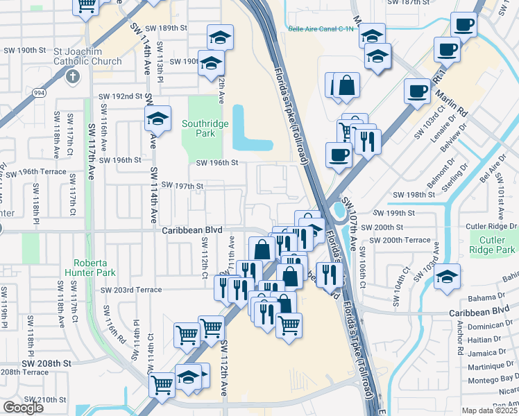 map of restaurants, bars, coffee shops, grocery stores, and more near 10844 Southwest 188th Street in Miami
