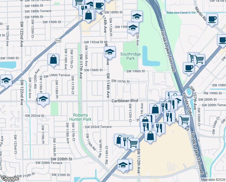 map of restaurants, bars, coffee shops, grocery stores, and more near 19751 Southwest 114th Avenue in Miami