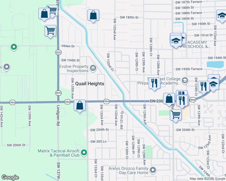 map of restaurants, bars, coffee shops, grocery stores, and more near 19770 Southwest 132nd Court in Miami