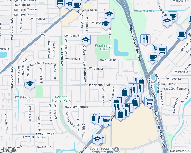 map of restaurants, bars, coffee shops, grocery stores, and more near 11309 Southwest 200th Street in Miami
