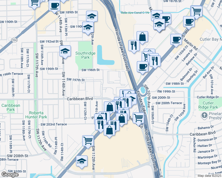 map of restaurants, bars, coffee shops, grocery stores, and more near 19701 Southwest 110th Court in Miami
