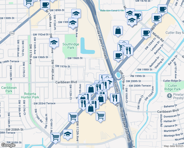 map of restaurants, bars, coffee shops, grocery stores, and more near 19701 Southwest 110th Court in Miami