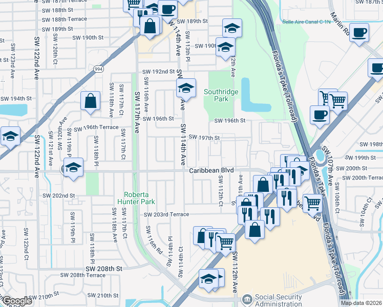 map of restaurants, bars, coffee shops, grocery stores, and more near 19751 Southwest 114th Avenue in Miami