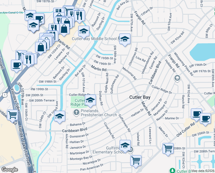 map of restaurants, bars, coffee shops, grocery stores, and more near 19800 Eagle Nest Road in Cutler Bay