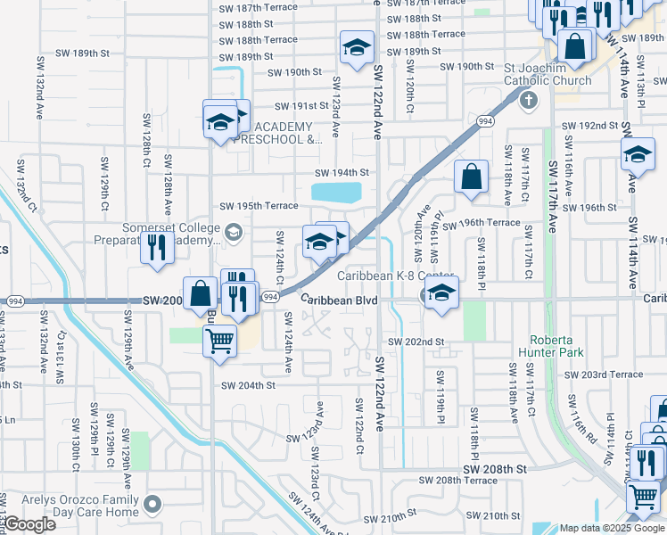 map of restaurants, bars, coffee shops, grocery stores, and more near 12300 Quail Roost Drive in Miami