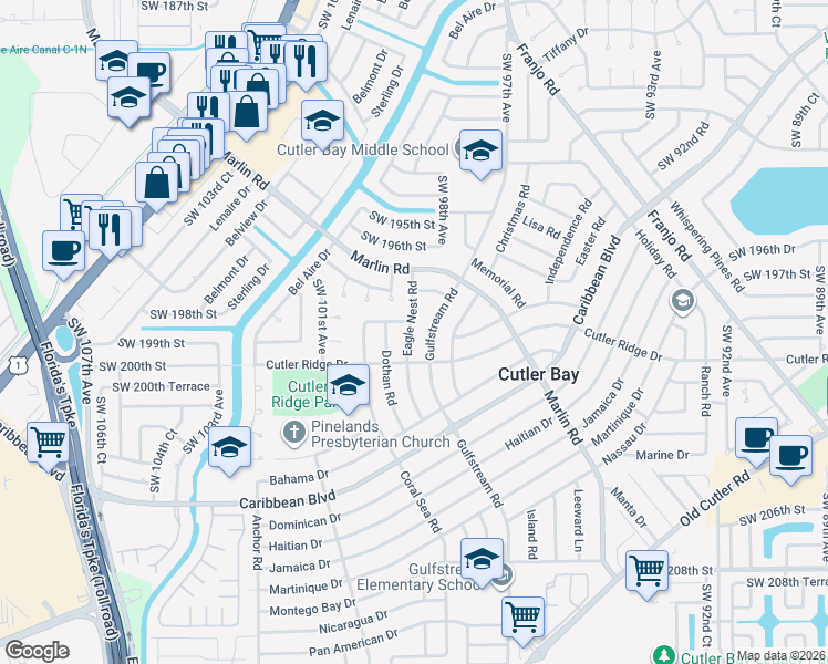 map of restaurants, bars, coffee shops, grocery stores, and more near 19800 Eagle Nest Road in Cutler Bay
