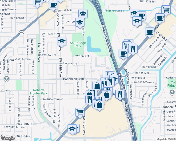 map of restaurants, bars, coffee shops, grocery stores, and more near 19800 Southwest 110th Court in Cutler Bay