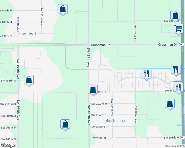 map of restaurants, bars, coffee shops, grocery stores, and more near 19601 Southwest 187th Avenue in Miami