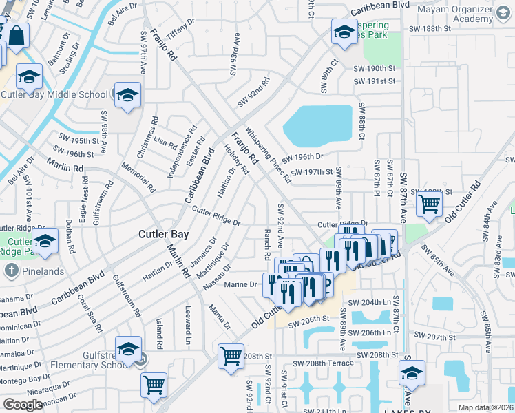 map of restaurants, bars, coffee shops, grocery stores, and more near 19820 Kingston Drive in Cutler Bay