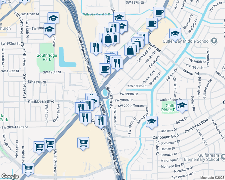 map of restaurants, bars, coffee shops, grocery stores, and more near 19863 Southwest 103rd Court in Cutler Bay