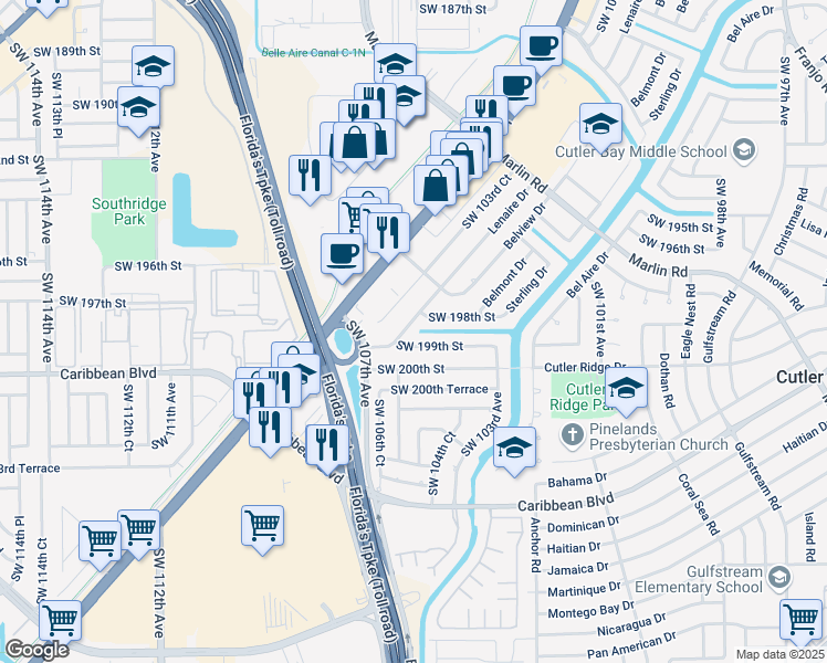 map of restaurants, bars, coffee shops, grocery stores, and more near 19821 Lenaire Drive in Cutler Bay