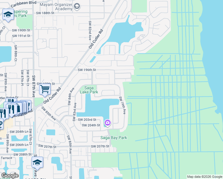 map of restaurants, bars, coffee shops, grocery stores, and more near 7945 Southwest 198th Terrace in Cutler Bay