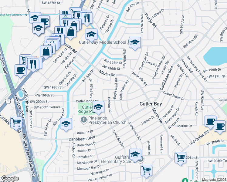 map of restaurants, bars, coffee shops, grocery stores, and more near 19800 Eagle Nest Road in Cutler Bay