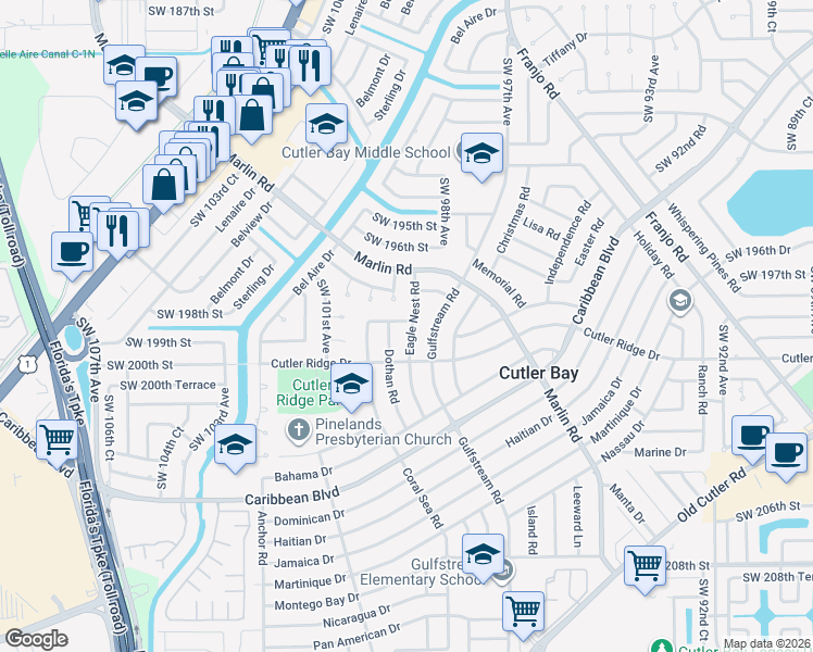 map of restaurants, bars, coffee shops, grocery stores, and more near 19800 Eagle Nest Road in Cutler Bay
