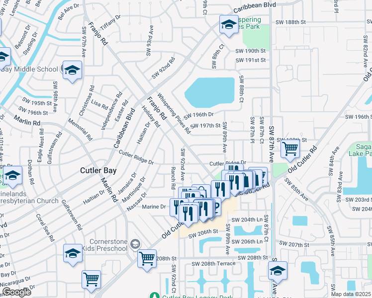 map of restaurants, bars, coffee shops, grocery stores, and more near 19831 Holiday Road in Cutler Bay