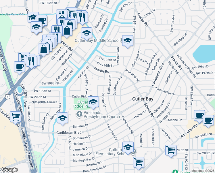 map of restaurants, bars, coffee shops, grocery stores, and more near 19800 Eagle Nest Road in Cutler Bay