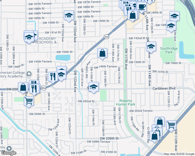 map of restaurants, bars, coffee shops, grocery stores, and more near 19800 Southwest 119th Avenue in Miami