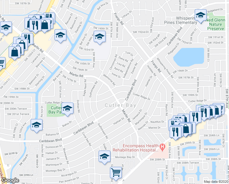 map of restaurants, bars, coffee shops, grocery stores, and more near 9625 Cutler Ridge Drive in Cutler Bay
