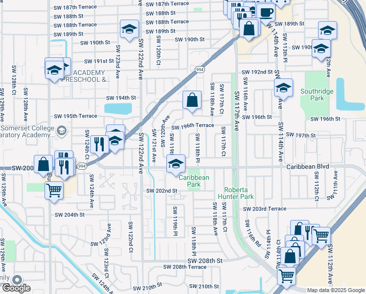 map of restaurants, bars, coffee shops, grocery stores, and more near 19800 Southwest 119th Avenue in Miami