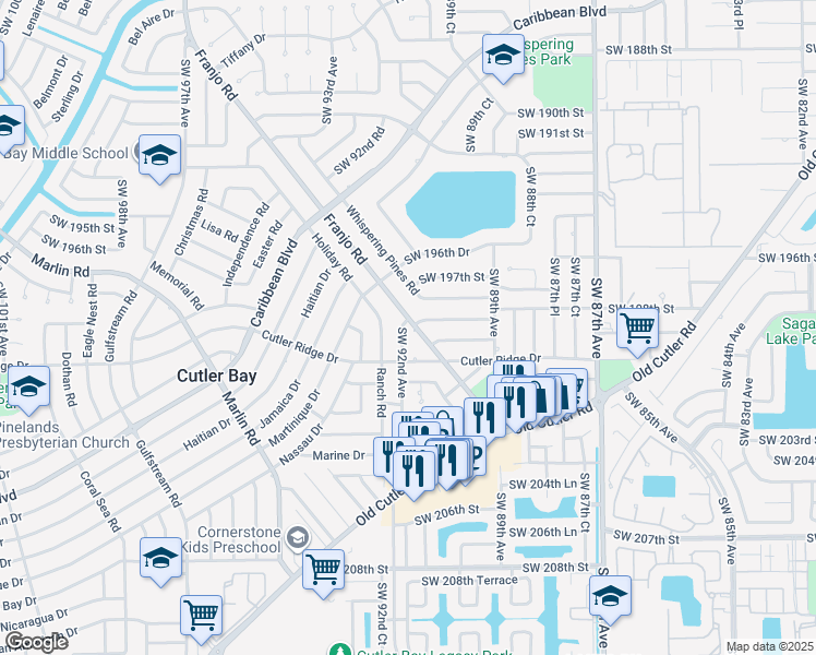 map of restaurants, bars, coffee shops, grocery stores, and more near 19831 Holiday Road in Cutler Bay