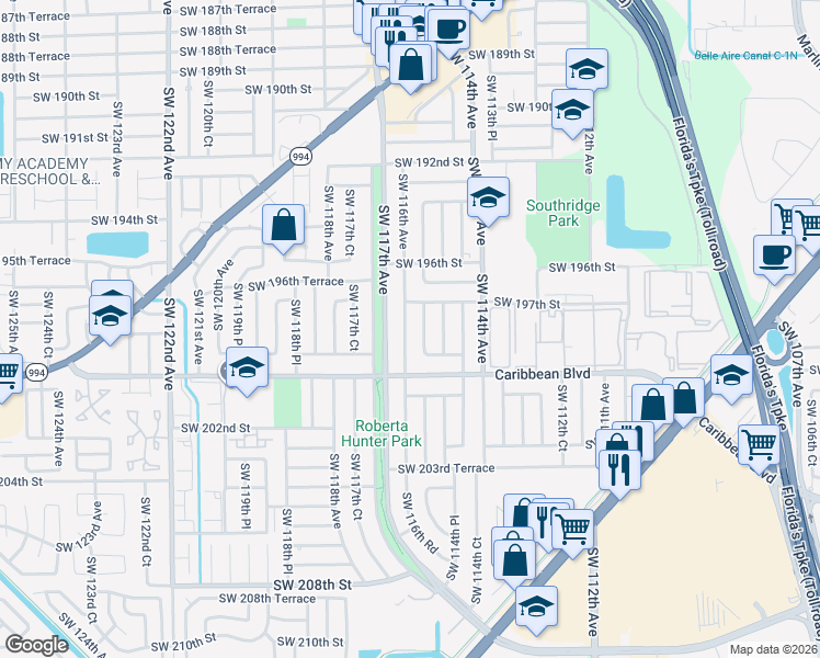 map of restaurants, bars, coffee shops, grocery stores, and more near 19740 Southwest 115th Avenue in Miami