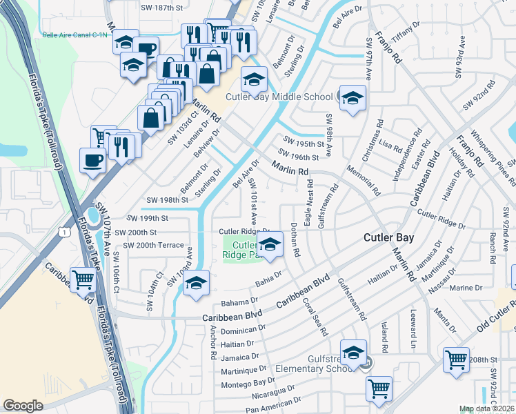 map of restaurants, bars, coffee shops, grocery stores, and more near 10040 Southwest 198th Street in Cutler Bay