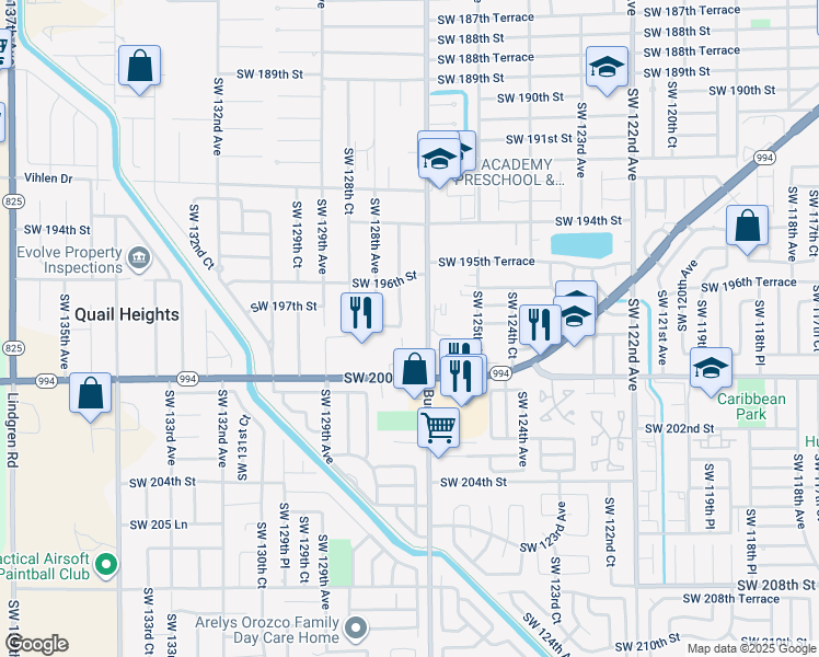 map of restaurants, bars, coffee shops, grocery stores, and more near 19875 Southwest 127th Avenue in Miami