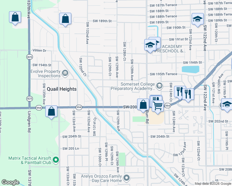map of restaurants, bars, coffee shops, grocery stores, and more near 19802 Southwest 129th Avenue in Miami