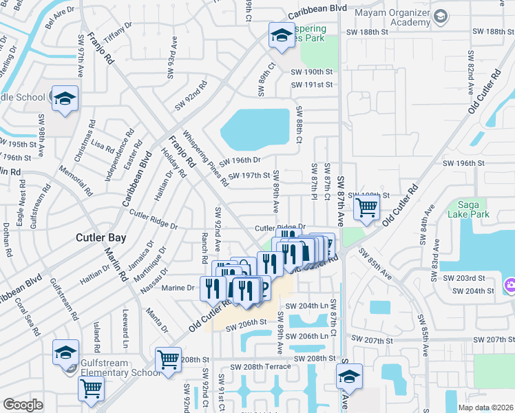 map of restaurants, bars, coffee shops, grocery stores, and more near 8940 Southwest 198th Terrace in Cutler Bay