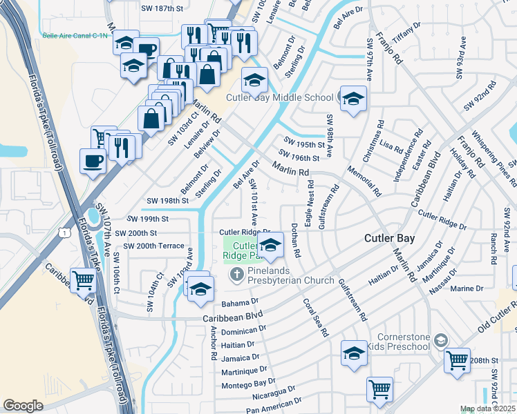 map of restaurants, bars, coffee shops, grocery stores, and more near 10040 Southwest 198th Street in Cutler Bay