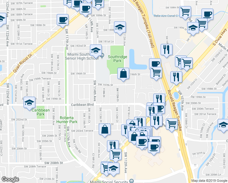 map of restaurants, bars, coffee shops, grocery stores, and more near 11311 Southwest 200th Street in Miami