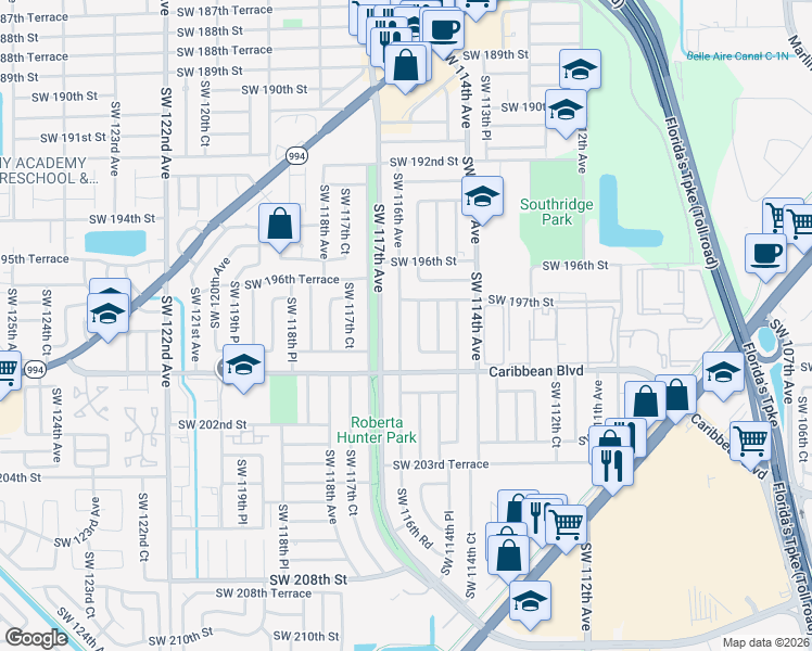 map of restaurants, bars, coffee shops, grocery stores, and more near 19740 Southwest 115th Avenue in Miami