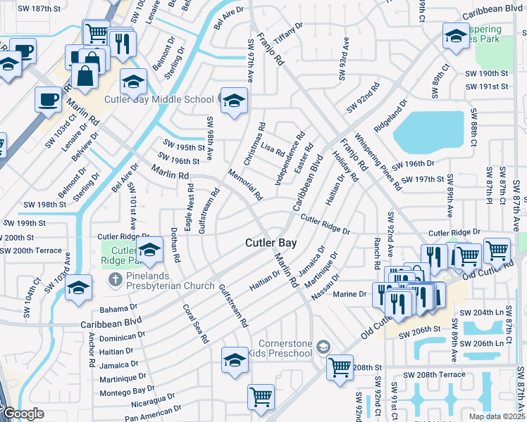 map of restaurants, bars, coffee shops, grocery stores, and more near 9605 Cutler Ridge Drive in Cutler Bay